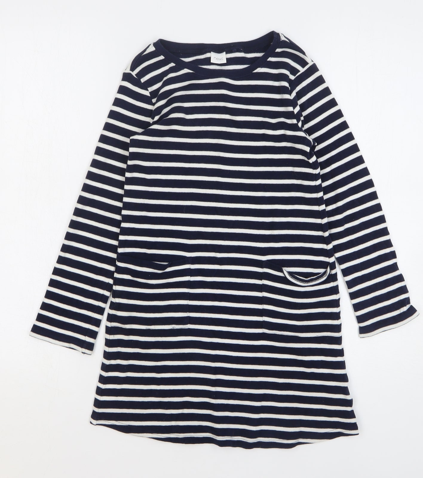 NEXT Girls Blue Striped Cotton Jumper Dress Size 8 Years Round Neck Pullover