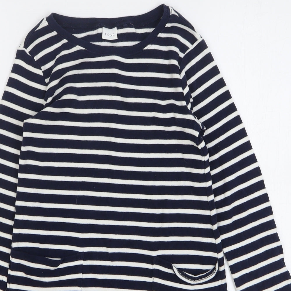 NEXT Girls Blue Striped Cotton Jumper Dress Size 8 Years Round Neck Pullover