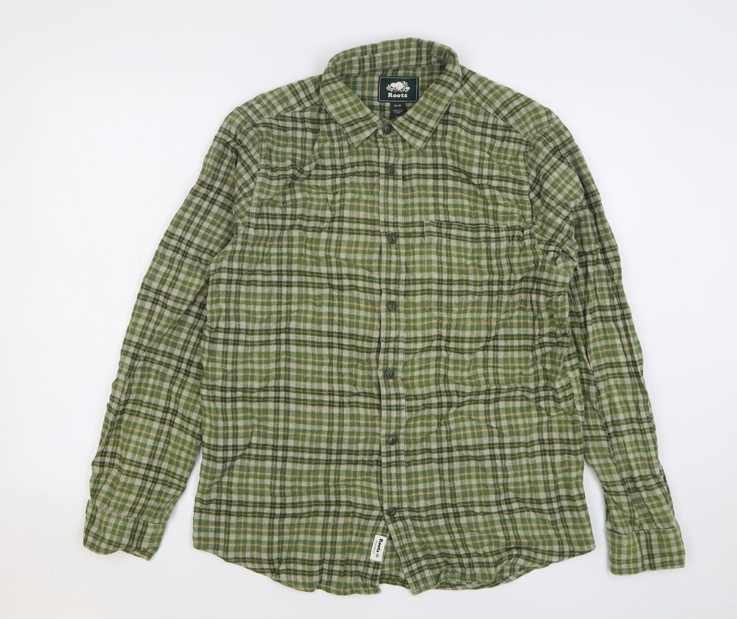 Roots Mens Green Plaid Cotton Button-Up Size M Collared Button