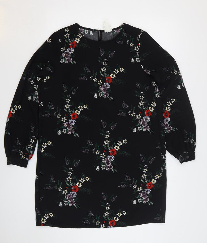 H&M Womens Black Floral Polyester Shift Size 10 Round Neck Button