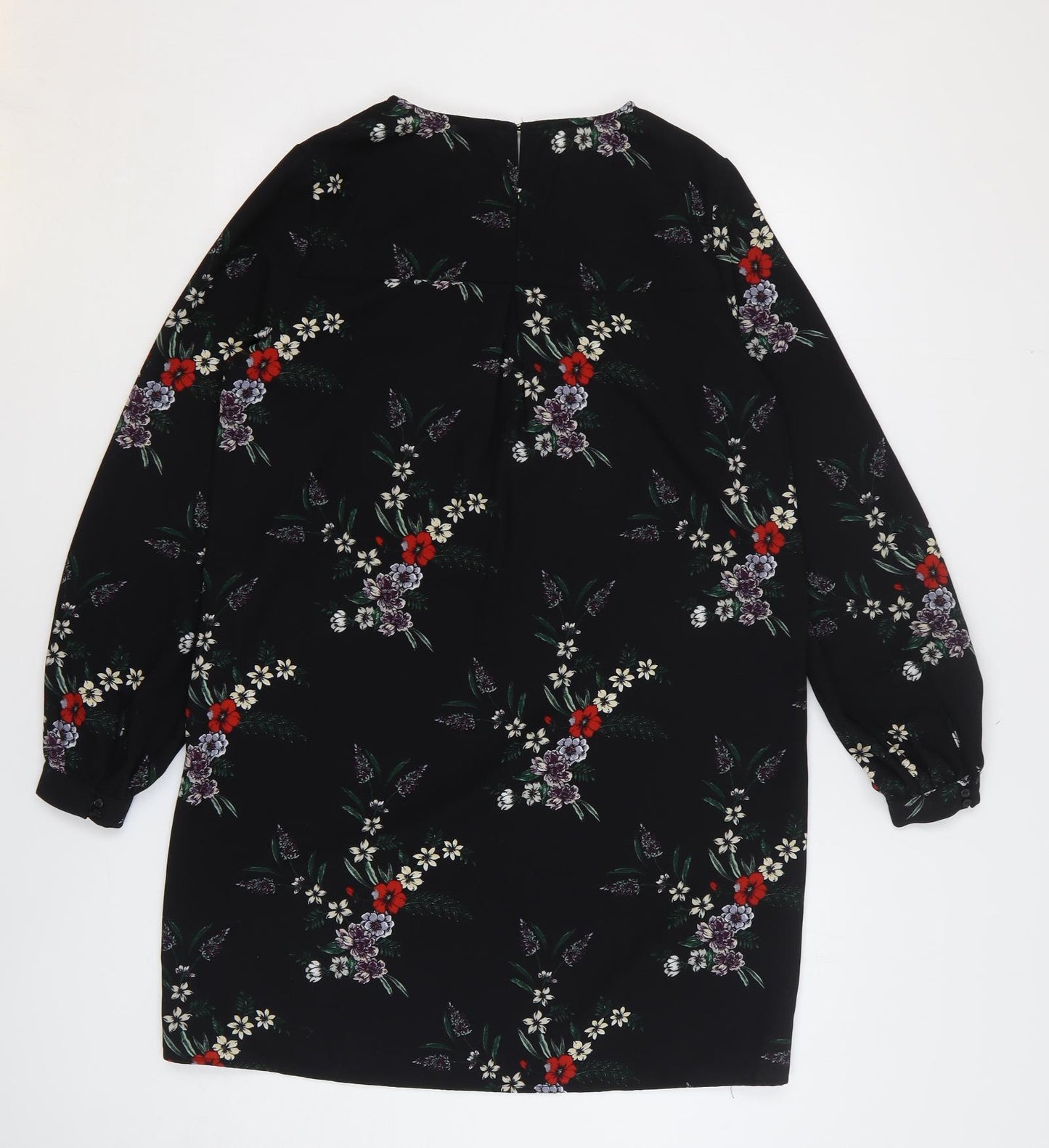 H&M Womens Black Floral Polyester Shift Size 10 Round Neck Button