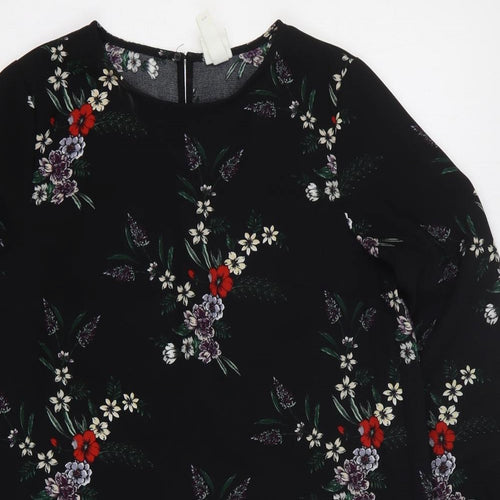 H&M Womens Black Floral Polyester Shift Size 10 Round Neck Button