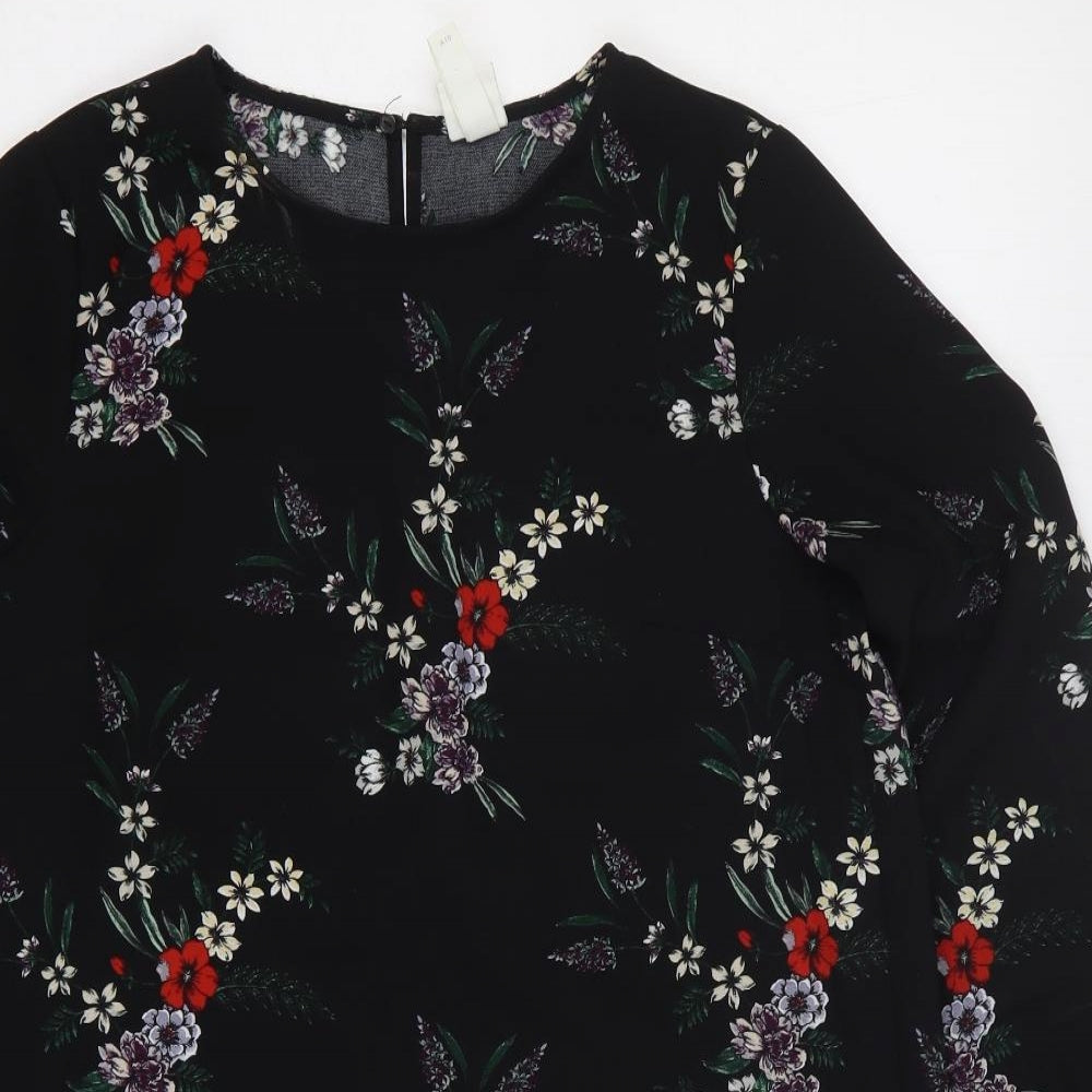 H&M Womens Black Floral Polyester Shift Size 10 Round Neck Button