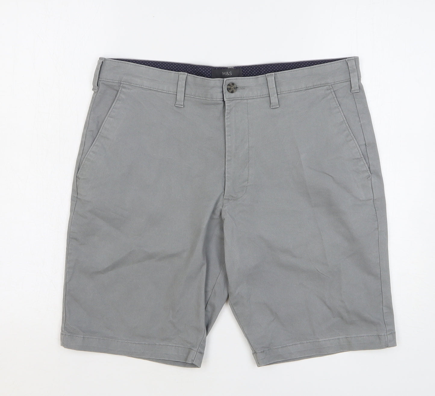 Marks and Spencer Mens Grey Cotton Chino Shorts Size 34 L10 in Regular Button