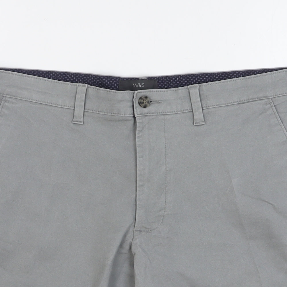Marks and Spencer Mens Grey Cotton Chino Shorts Size 34 L10 in Regular Button