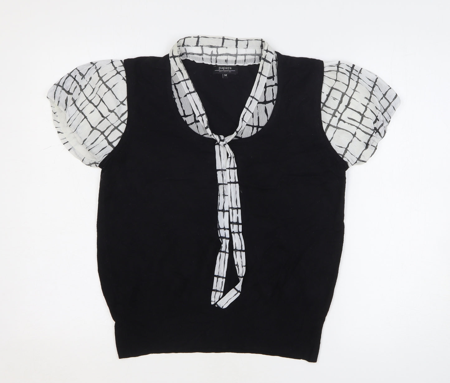 Papaya Womens Black Round Neck Check Viscose Pullover Jumper Size 14 - Sheer Collar and Sleeve