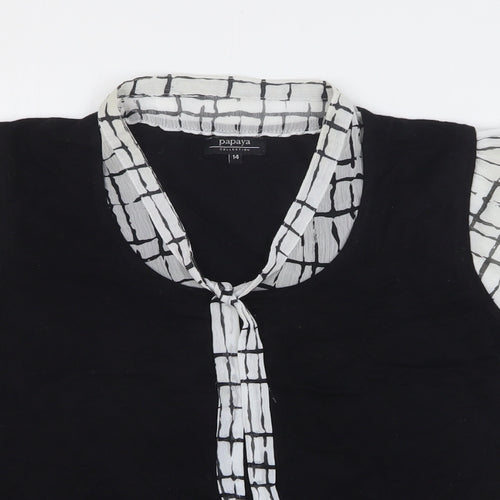 Papaya Womens Black Round Neck Check Viscose Pullover Jumper Size 14 - Sheer Collar and Sleeve