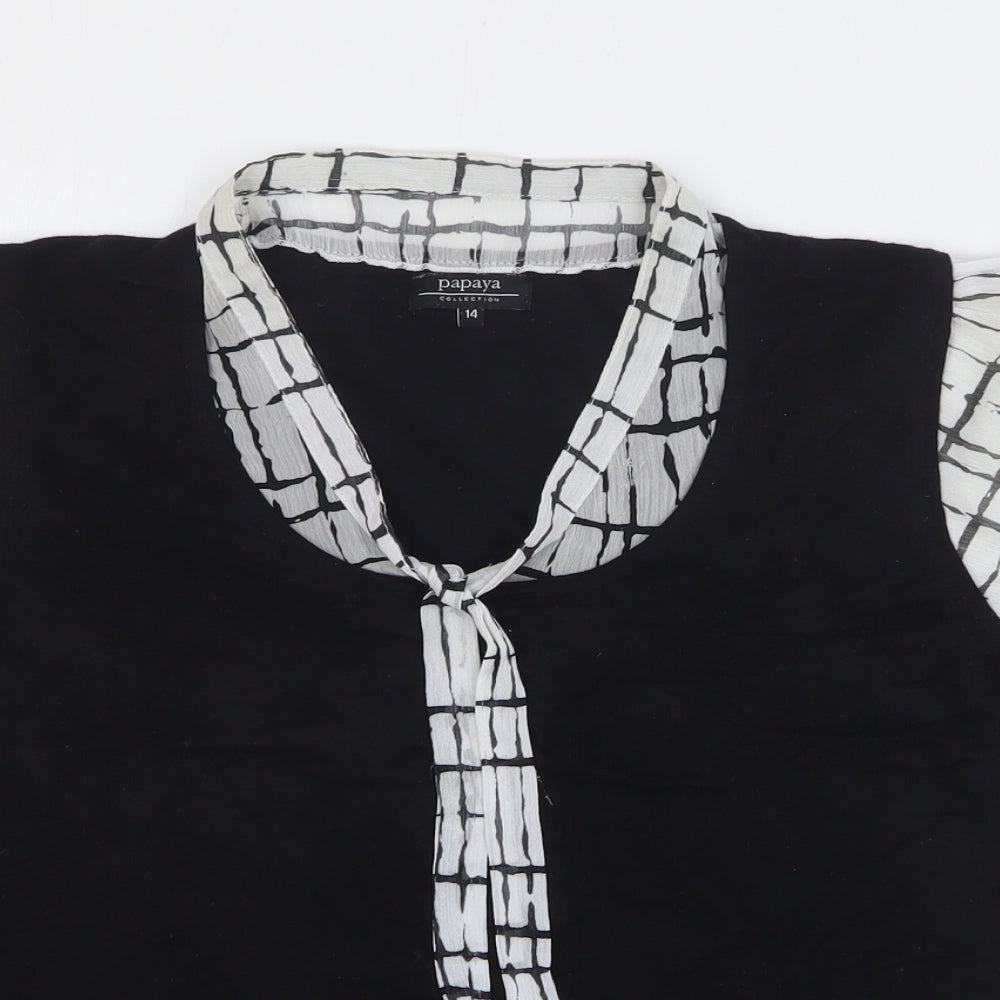 Papaya Womens Black Round Neck Check Viscose Pullover Jumper Size 14 - Sheer Collar and Sleeve