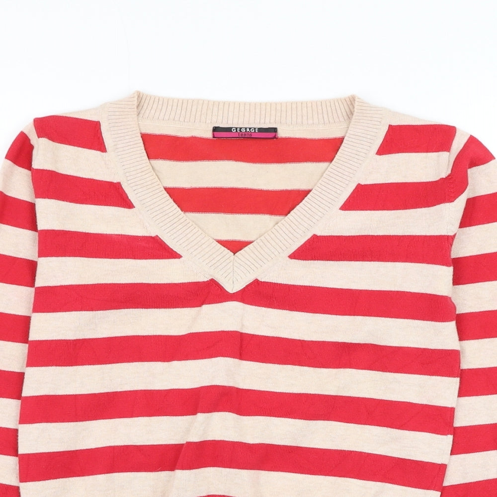 George Girls Red V-Neck Striped Cotton Pullover Jumper Size 14-15 Years Pullover