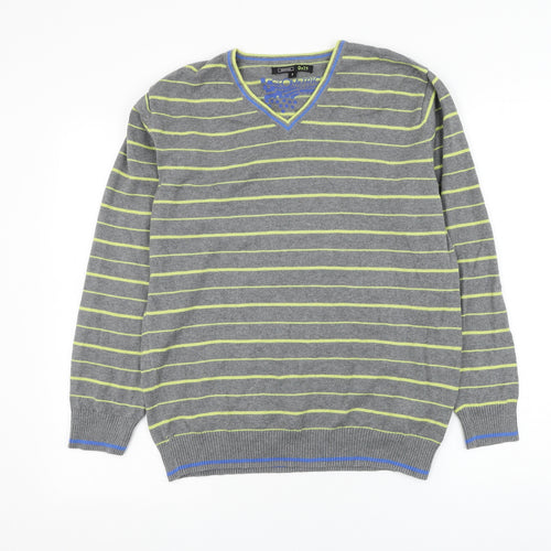 George Mens Grey V-Neck Striped Cotton Pullover Jumper Size S