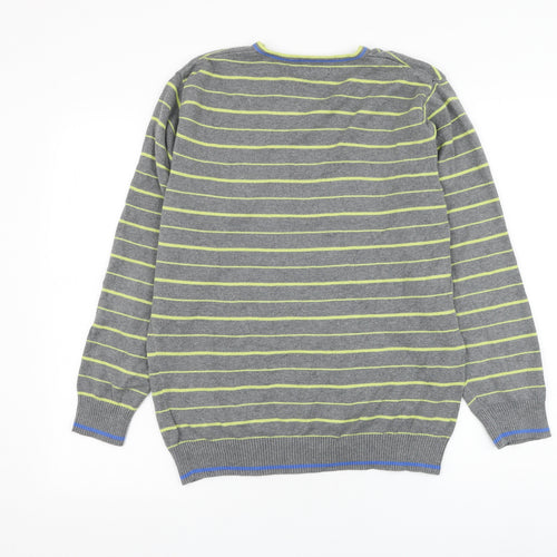 George Mens Grey V-Neck Striped Cotton Pullover Jumper Size S