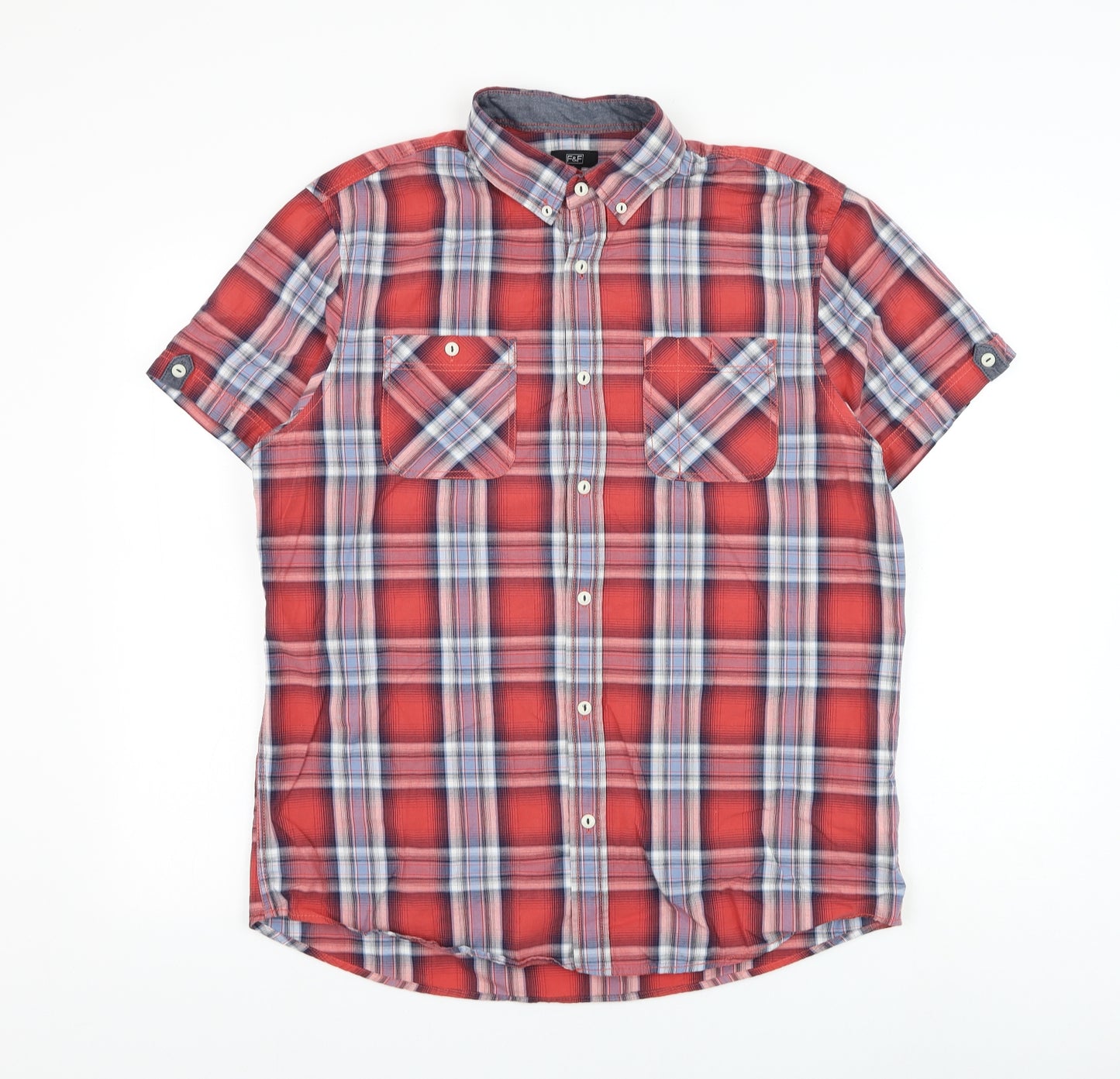 F&F Mens Red Check Cotton Button-Up Size L Collared Button