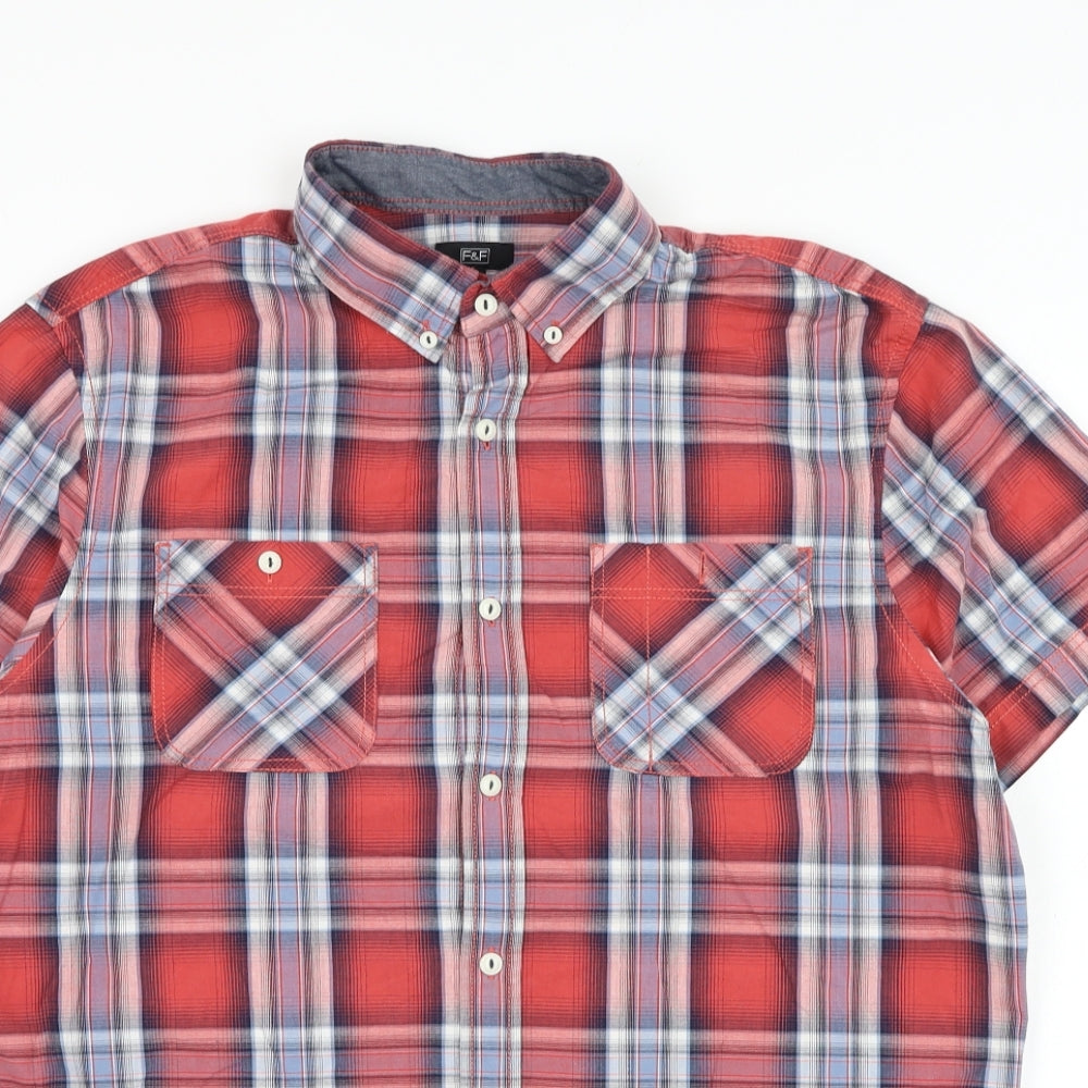 F&F Mens Red Check Cotton Button-Up Size L Collared Button