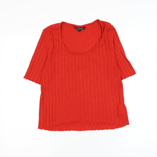 Topshop Womens Red Striped Polyester Basic T-Shirt Size 12 Scoop Neck - Lettuce Hem