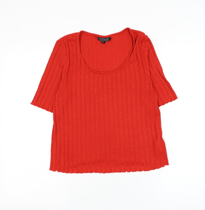 Topshop Womens Red Striped Polyester Basic T-Shirt Size 12 Scoop Neck - Lettuce Hem
