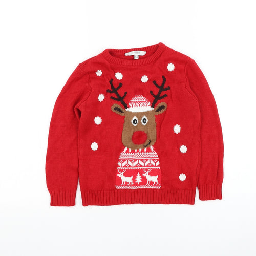 Peacocks Boys Red Round Neck Acrylic Pullover Jumper Size 6-7 Years Pullover - Reindeer Christmas Jumper