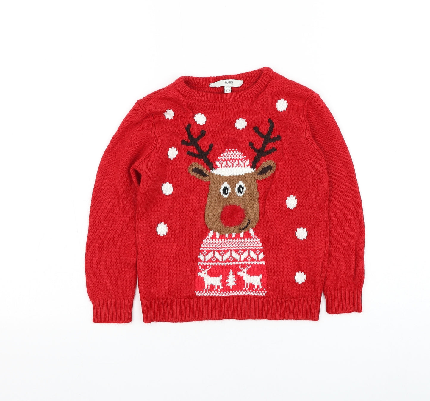 Peacocks Boys Red Round Neck Acrylic Pullover Jumper Size 6-7 Years Pullover - Reindeer Christmas Jumper