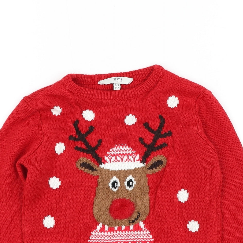 Peacocks Boys Red Round Neck Acrylic Pullover Jumper Size 6-7 Years Pullover - Reindeer Christmas Jumper