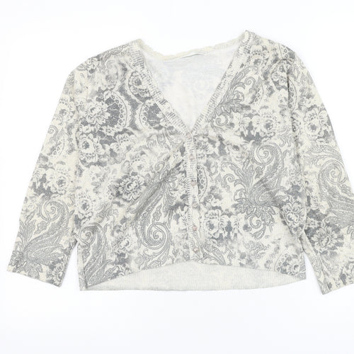 AMARANTO Womens Grey V-Neck Paisley Polyester Cardigan Jumper Size 16