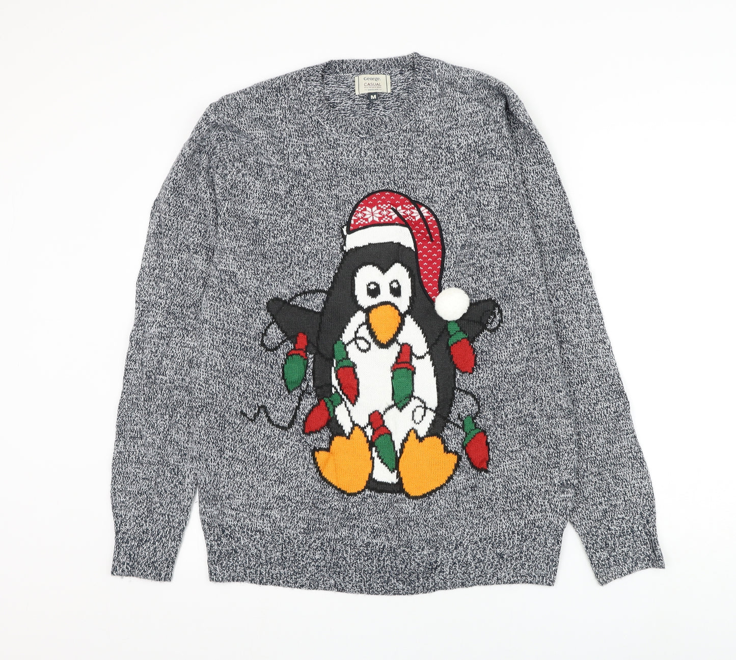George Mens Blue Round Neck Acrylic Pullover Jumper Size M - Penguin Christmas