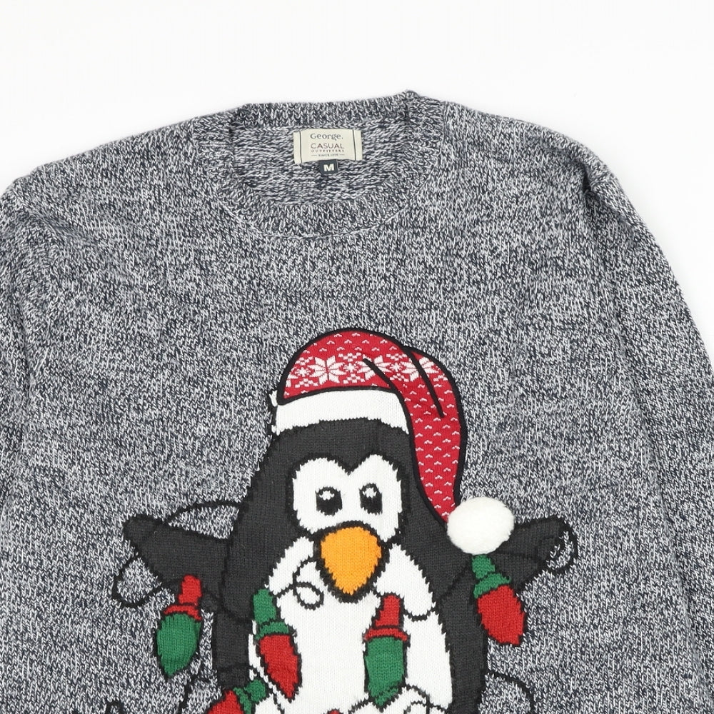 George Mens Blue Round Neck Acrylic Pullover Jumper Size M - Penguin Christmas