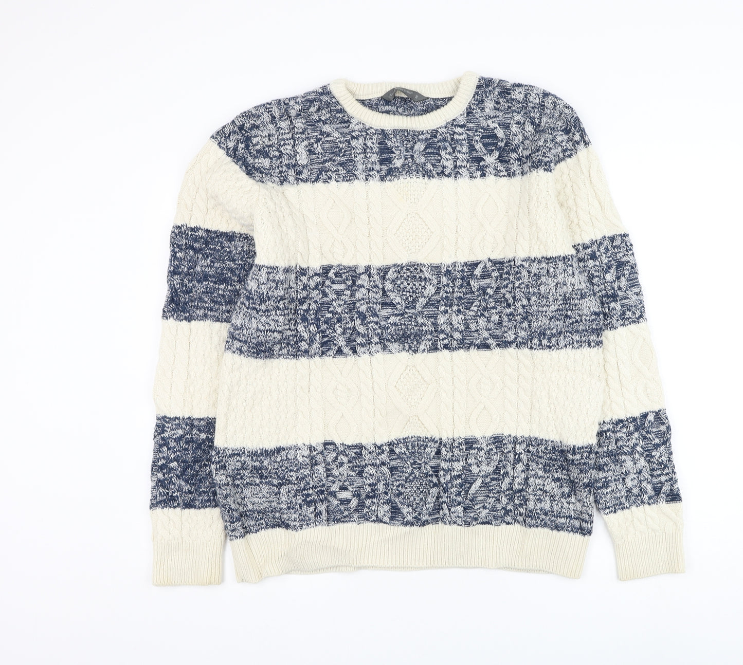 Cedar Wood State Mens Blue Round Neck Striped Acrylic Pullover Jumper Size S