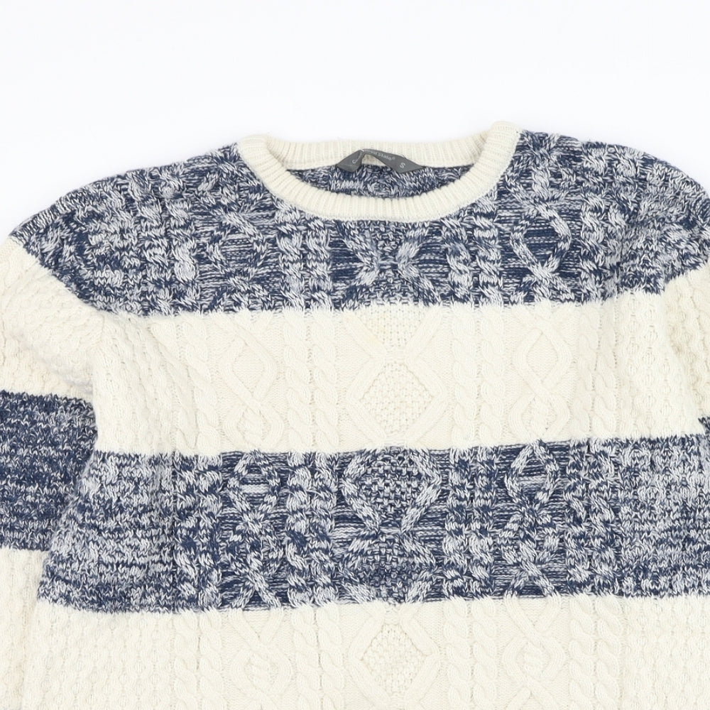 Cedar Wood State Mens Blue Round Neck Striped Acrylic Pullover Jumper Size S