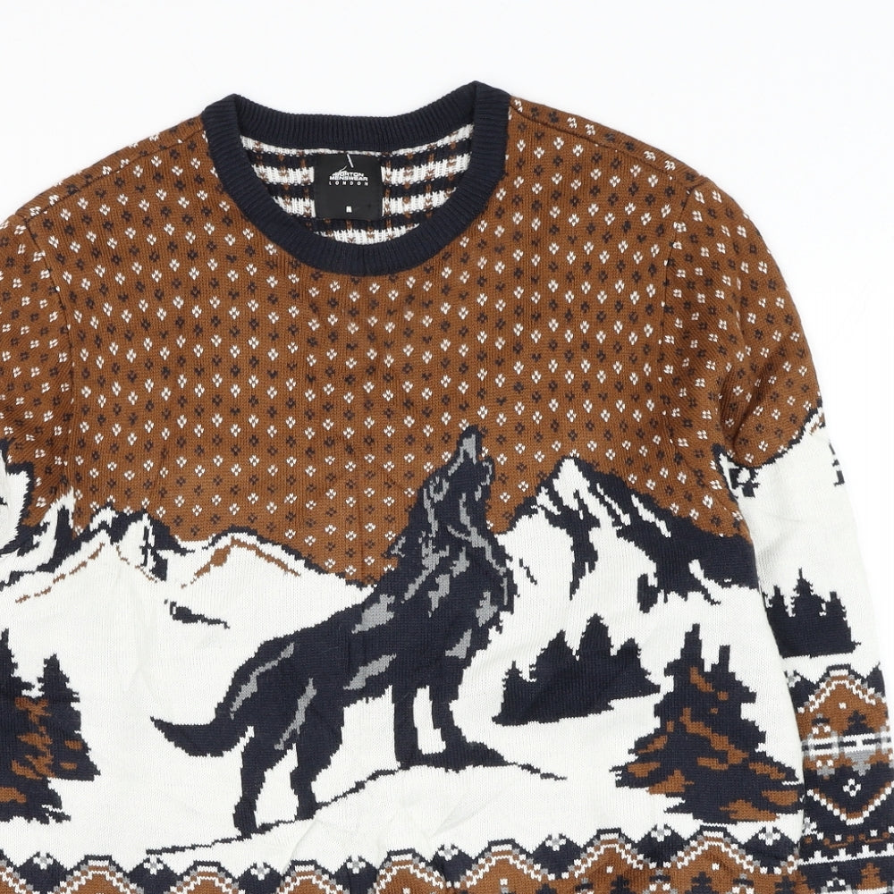 Burton Mens Multicoloured Round Neck Geometric Acrylic Pullover Jumper Size M - Wolf