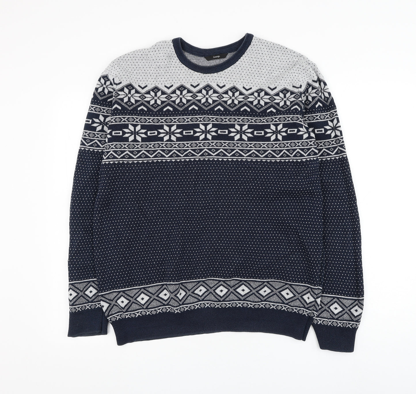 George Mens Blue Round Neck Fair Isle Cotton Pullover Jumper Size M