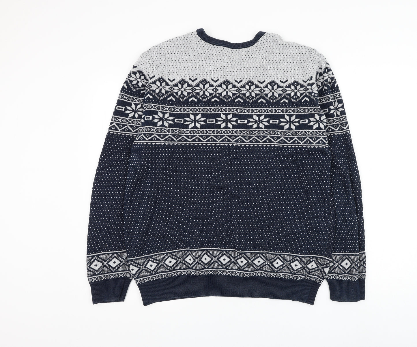 George Mens Blue Round Neck Fair Isle Cotton Pullover Jumper Size M