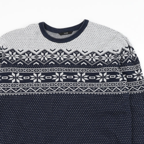 George Mens Blue Round Neck Fair Isle Cotton Pullover Jumper Size M