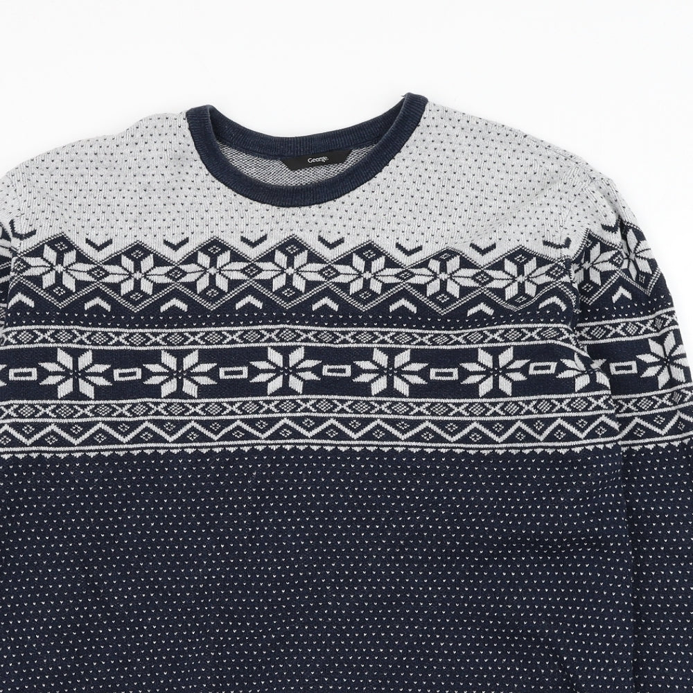 George Mens Blue Round Neck Fair Isle Cotton Pullover Jumper Size M