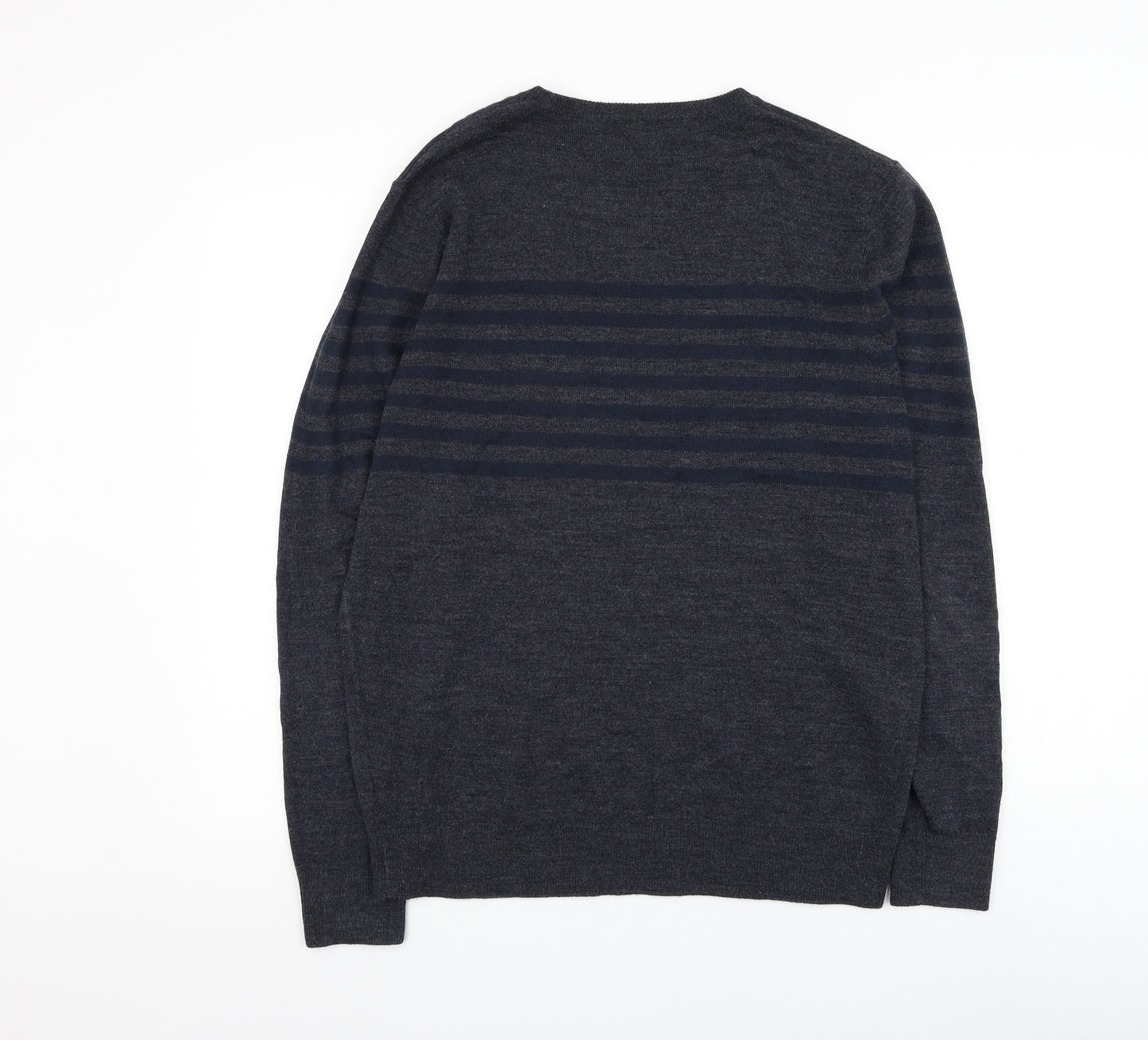 F&F Mens Blue Round Neck Striped Acrylic Pullover Jumper Size M