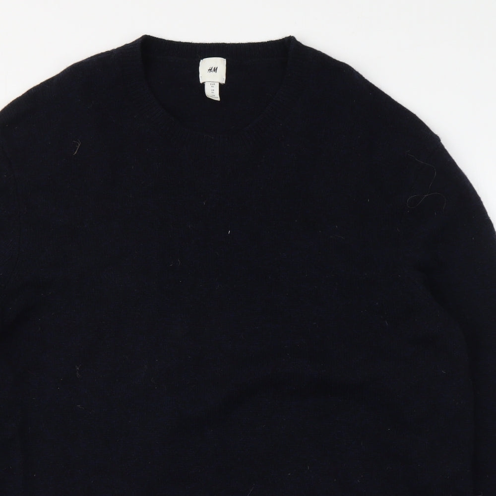 H&M Mens Blue V-Neck Wool Henley Jumper Size XL
