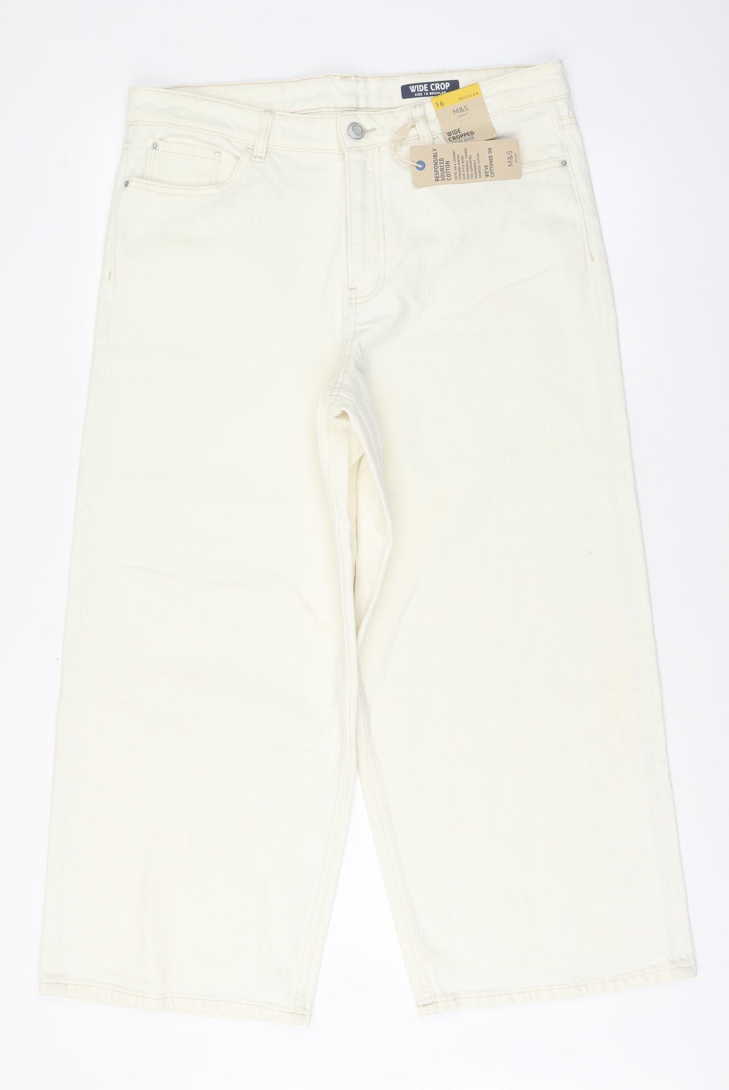 Marks and Spencer Womens Beige Cotton Wide-Leg Jeans Size 16 L26 in Regular Button