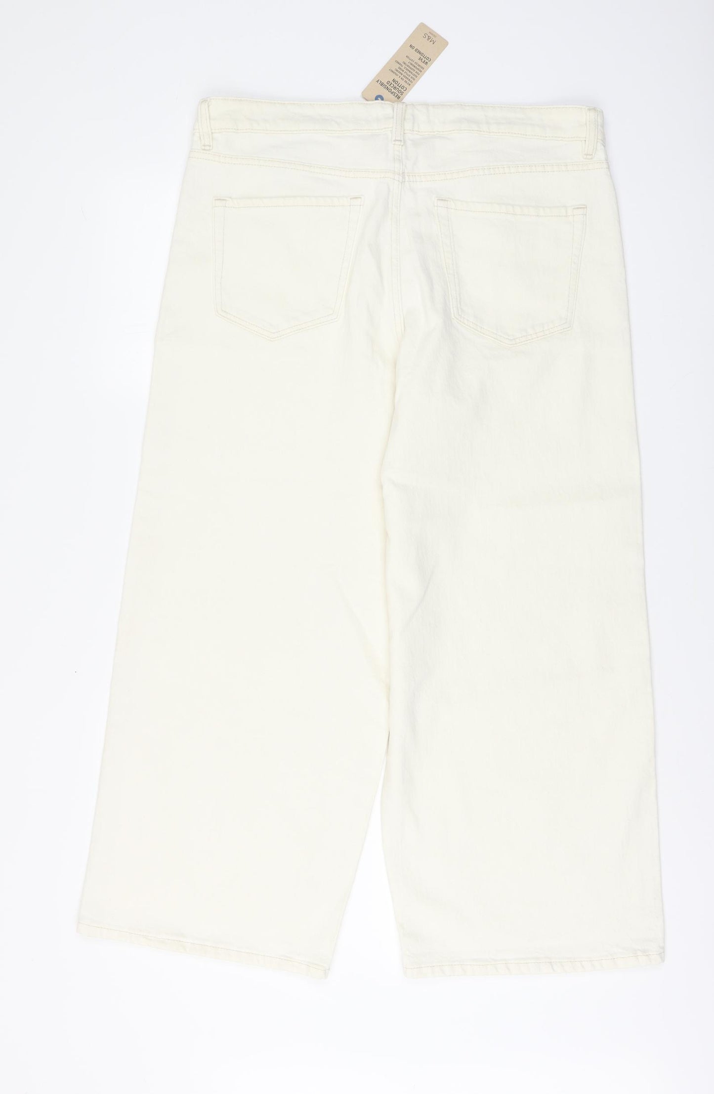Marks and Spencer Womens Beige Cotton Wide-Leg Jeans Size 16 L26 in Regular Button