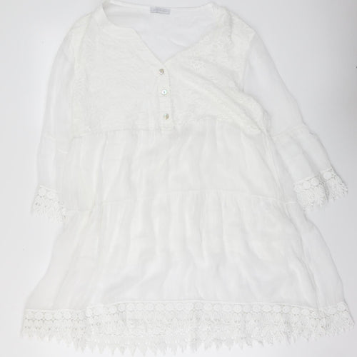 Made in Italy Womens White Floral Viscose A-Line One Size V-Neck Button