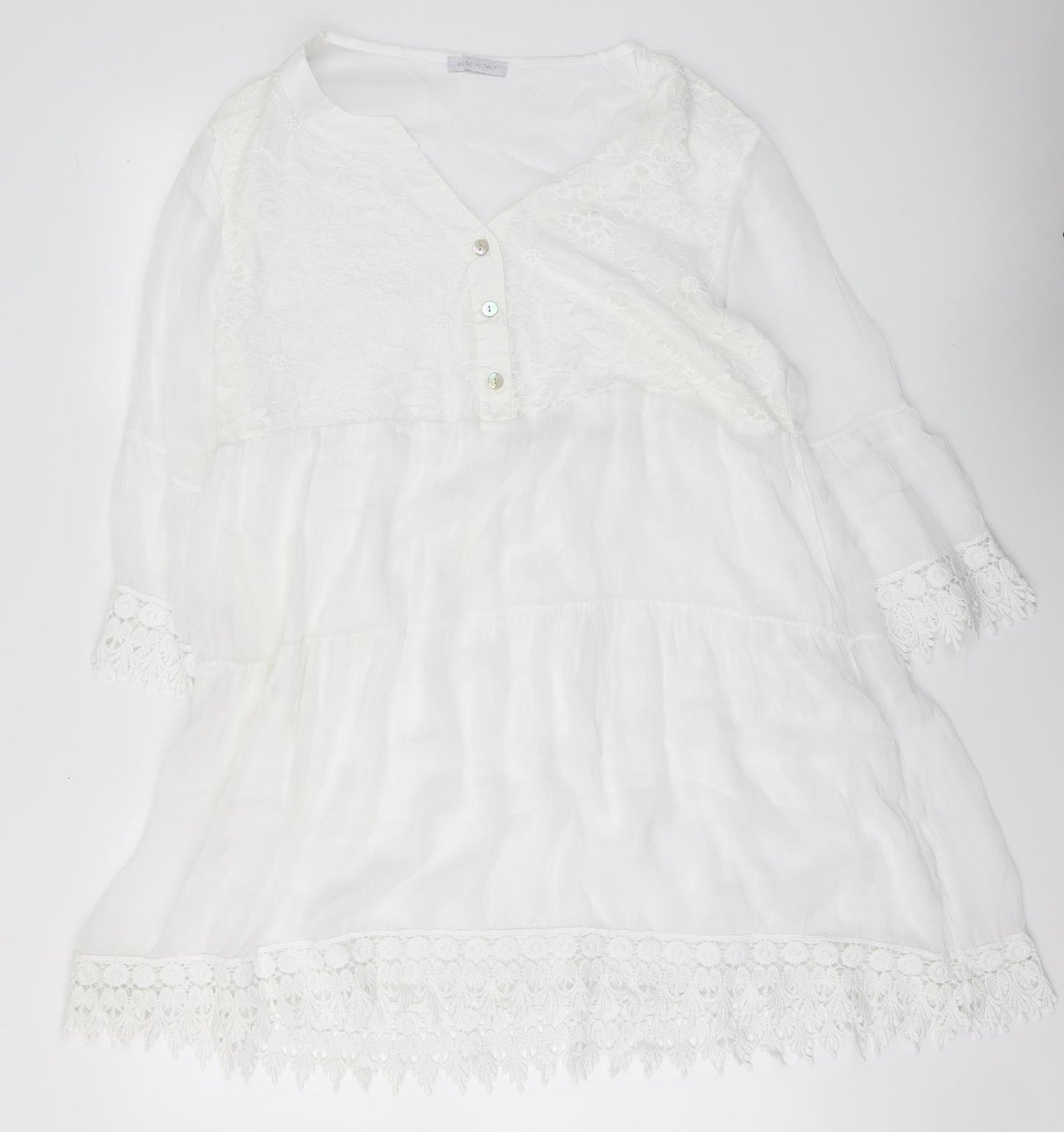 Made in Italy Womens White Floral Viscose A-Line One Size V-Neck Button