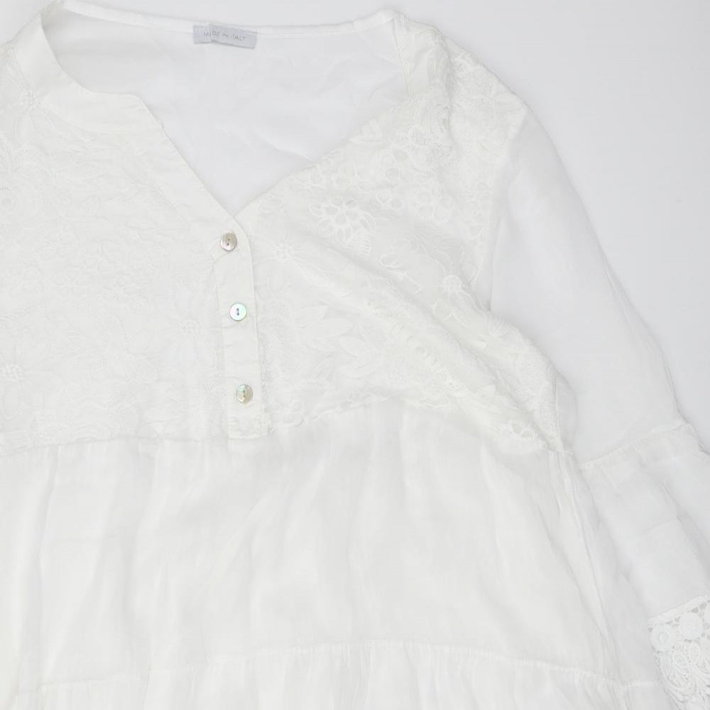 Made in Italy Womens White Floral Viscose A-Line One Size V-Neck Button