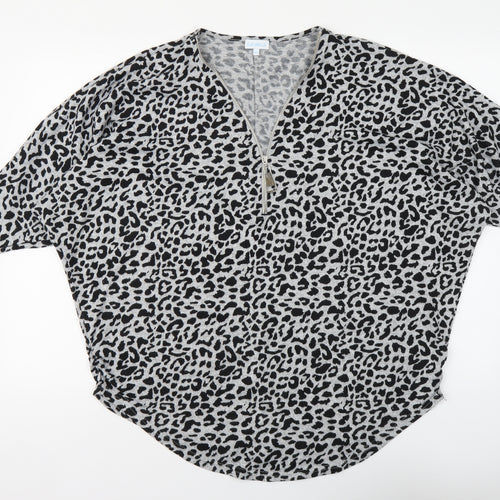 Blue Vanila Womens Grey V-Neck Animal Print Acrylic Henley Jumper Size M