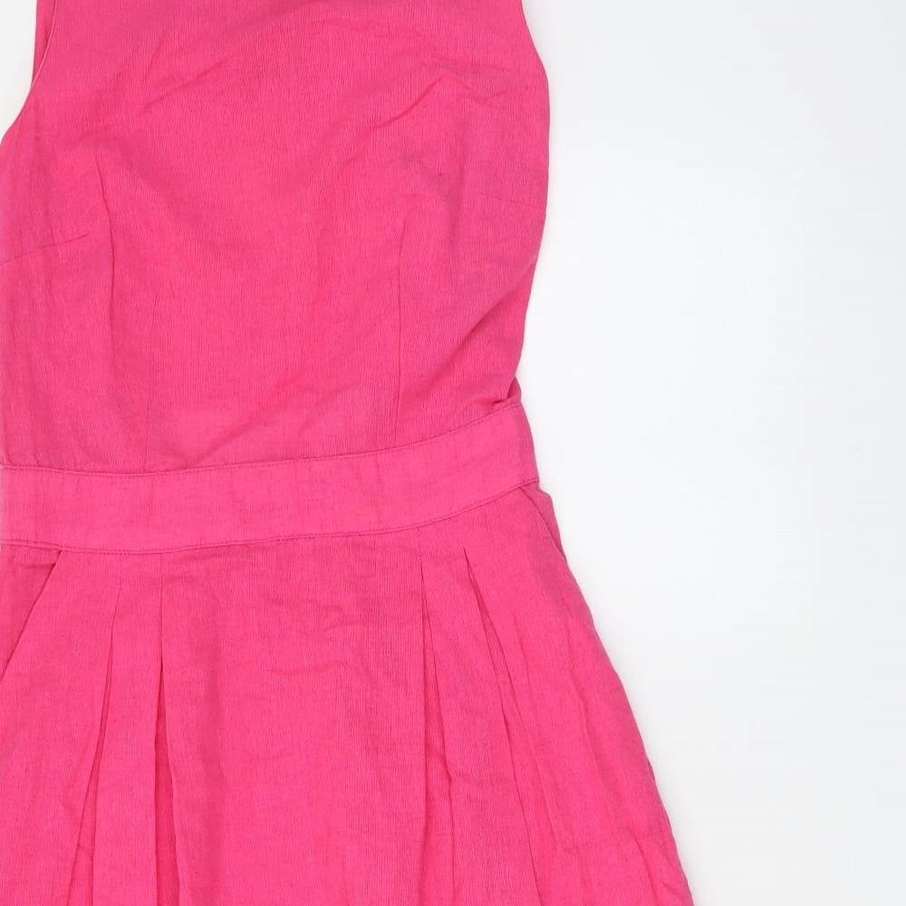 Warehouse Womens Pink Cotton Skater Dress Size 12 Round Neck Pullover