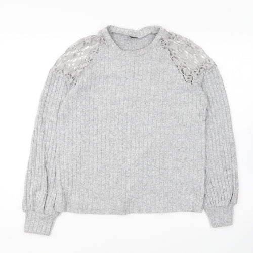 SheIn Womens Grey Round Neck Polyester Pullover Jumper Size S - Lace Shoulder