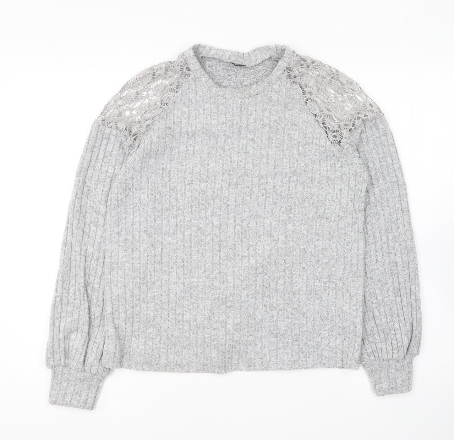 SheIn Womens Grey Round Neck Polyester Pullover Jumper Size S - Lace Shoulder