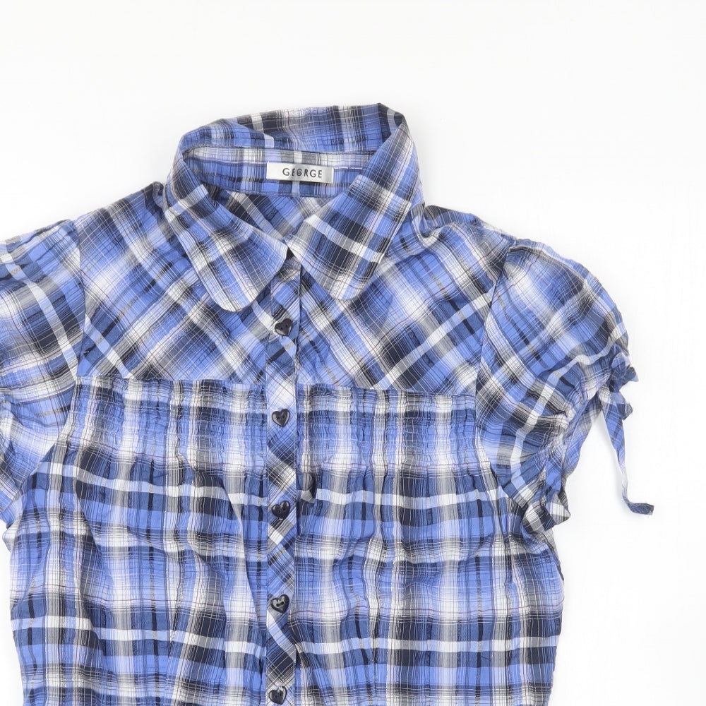 George Womens Blue Plaid Polyester Basic Button-Up Size 12 Collared