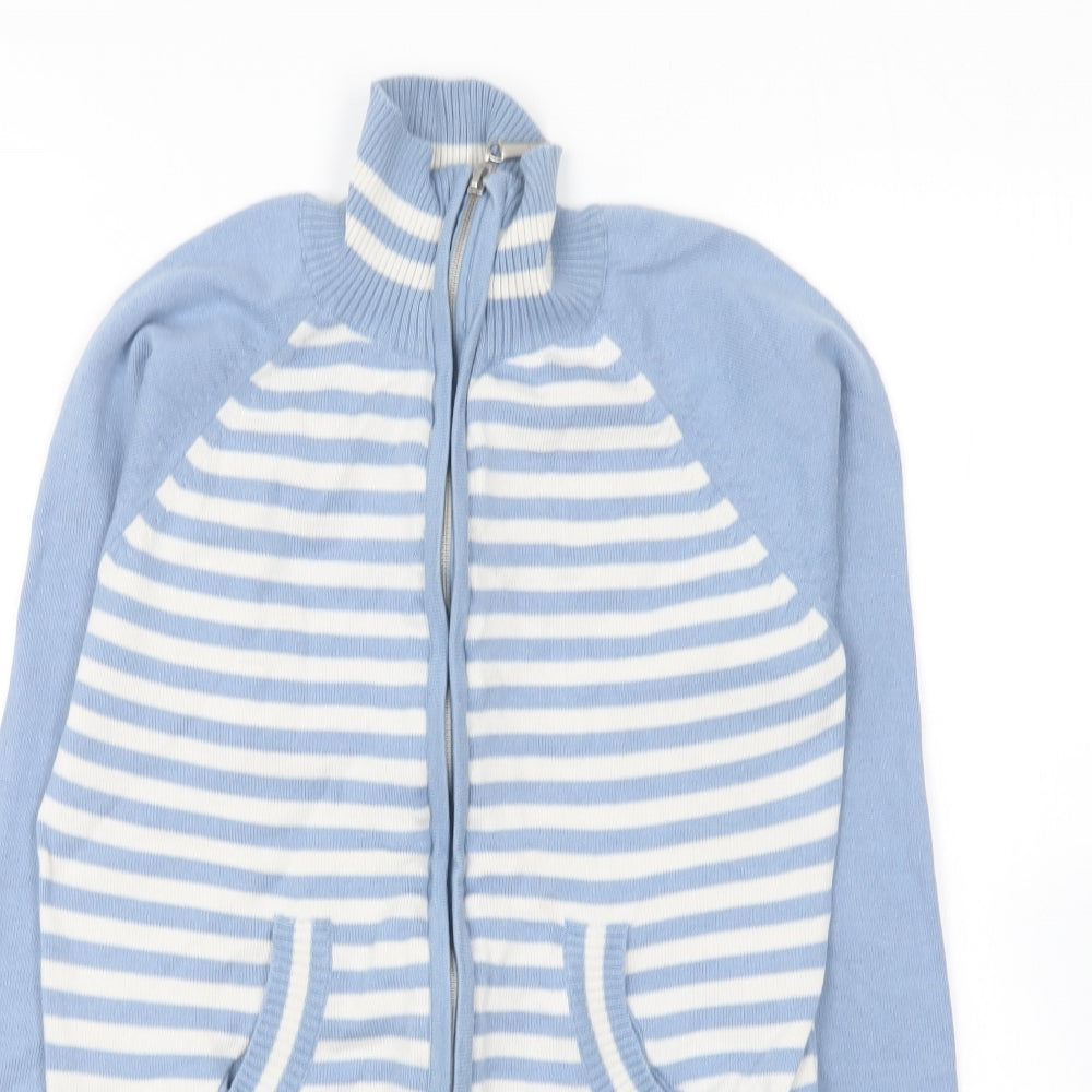Falmer Womens Blue Collared Striped Cotton Full Zip Jumper Size 12