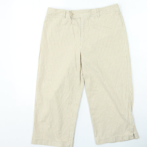 Rockmano Womens Beige Striped Cotton Cropped Trousers Size 12 L20 in Regular Zip