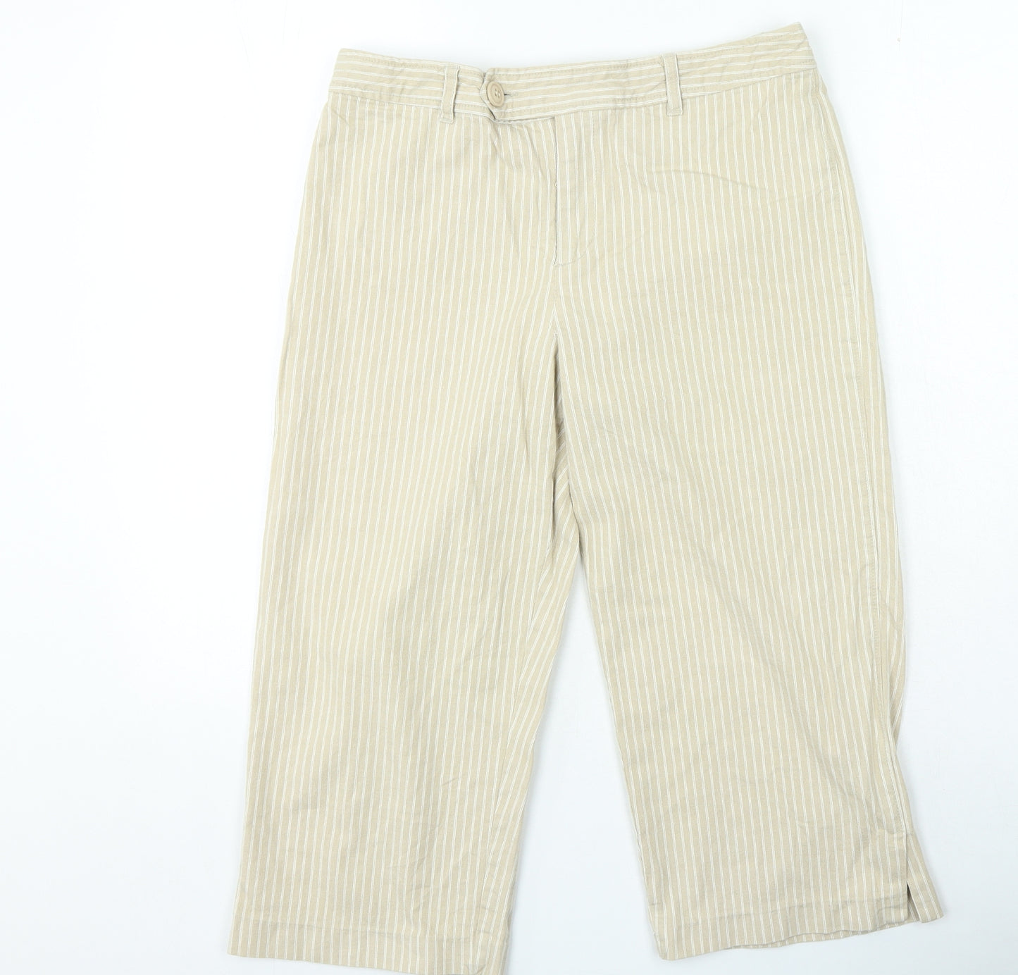 Rockmano Womens Beige Striped Cotton Cropped Trousers Size 12 L20 in Regular Zip