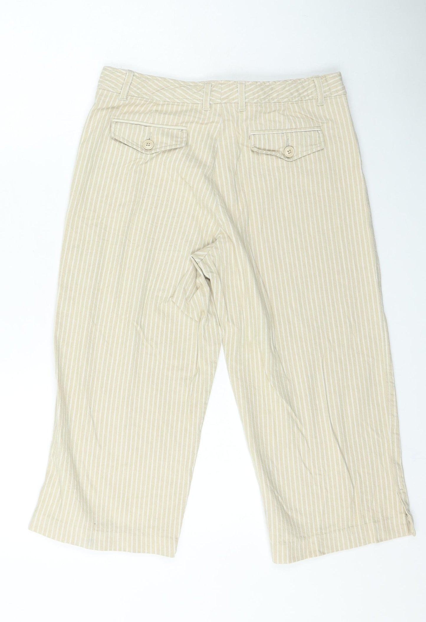 Rockmano Womens Beige Striped Cotton Cropped Trousers Size 12 L20 in Regular Zip