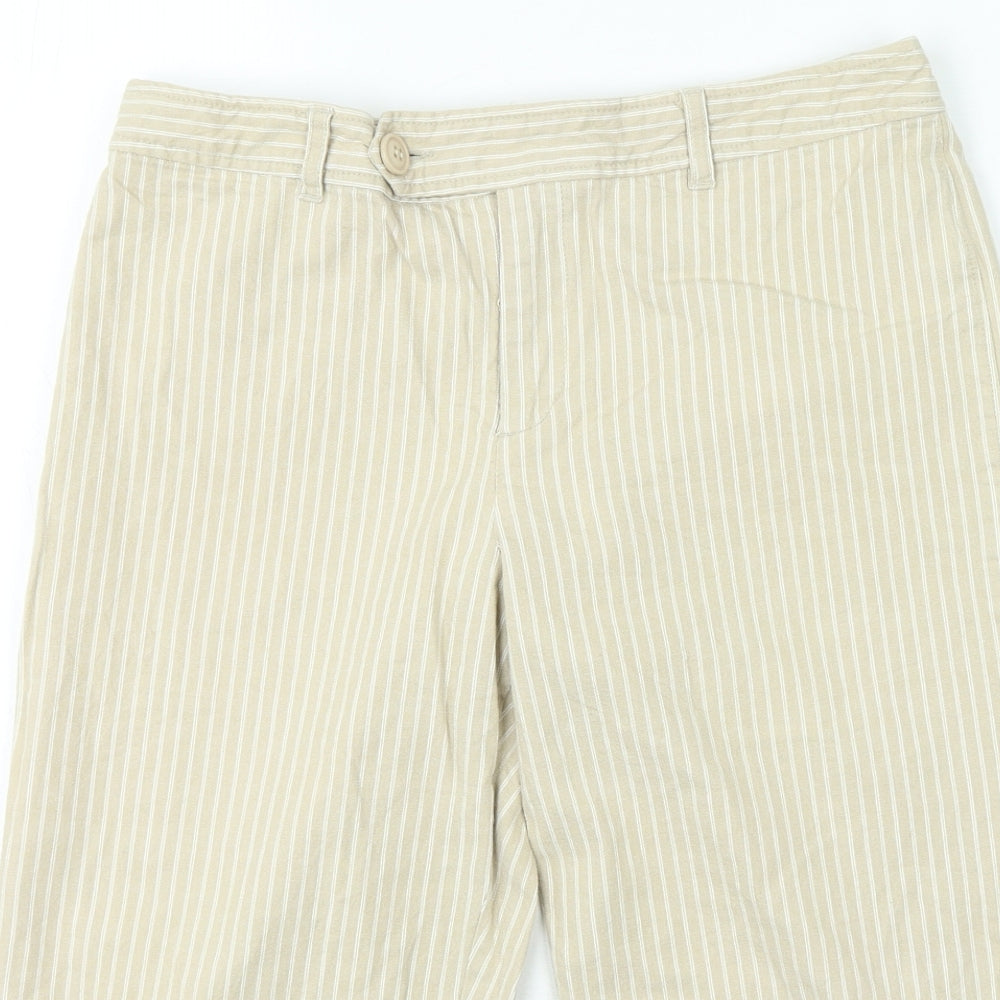 Rockmano Womens Beige Striped Cotton Cropped Trousers Size 12 L20 in Regular Zip