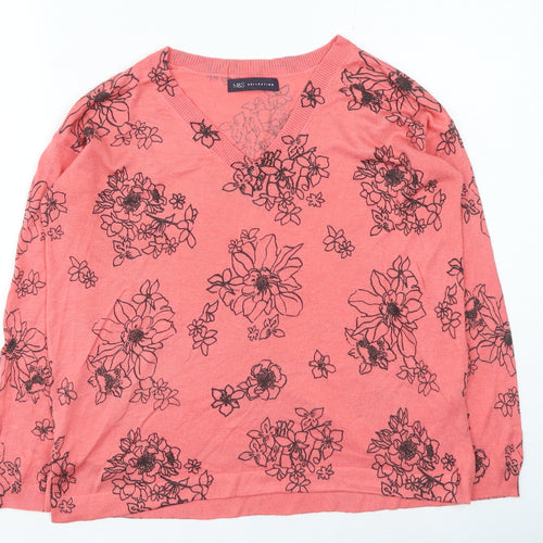 Marks and Spencer Womens Pink V-Neck Floral Acrylic Pullover Jumper Size S